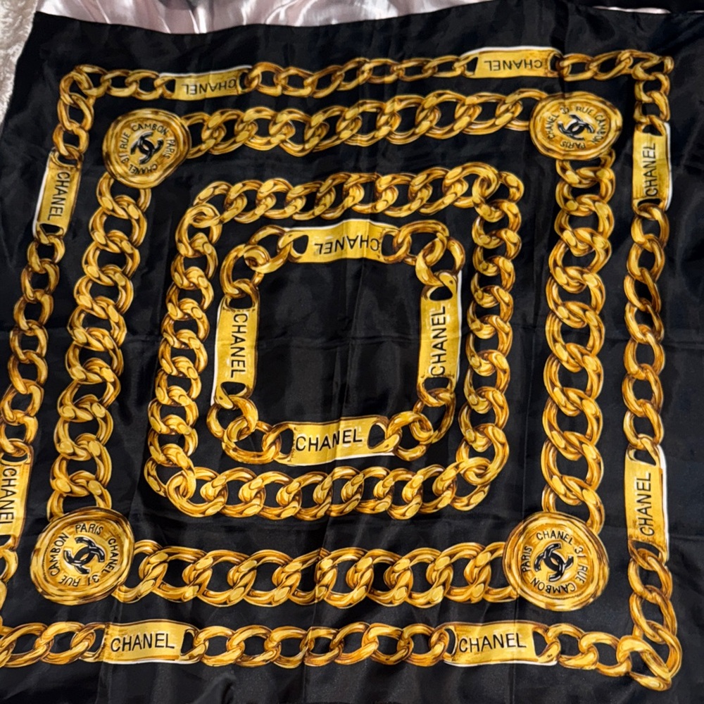 Chanel 80’s Chain & Medallions Black & Gold Silk Printed Scarf (Great Condition)